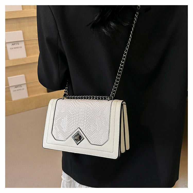 Leather Shoulder Bag Chain Purse for Women - Fashion Crossbody Bags Vintage Snake Print Underarm Bag Square Satchel Handbag