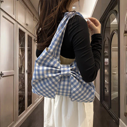 Women Red White/ Blue White Gingham Plaid Tote Bag with Big Bow Decor, Large Capacity Soft Canvas Shoulder Handbag, Casual Shopping Bag for Picnic Travel Daily Commute