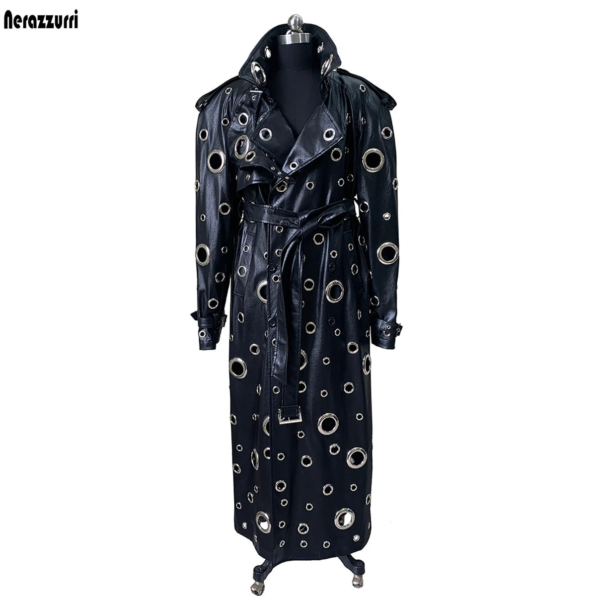 Nerazzurri Autumn Oversized Extra Long Pu Leather Trench Coat for Women Holes Hollow Out Luxury Designer Emo Streetwear Overcoat