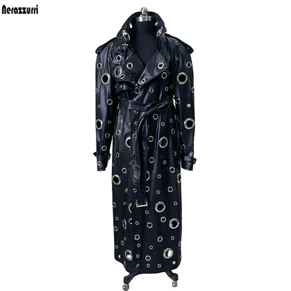 Nerazzurri Autumn Oversized Extra Long Pu Leather Trench Coat for Women Holes Hollow Out Luxury Designer Emo Streetwear Overcoat