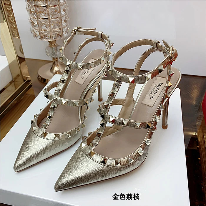 Women's Gladiator sandals Summer 2026 Luxury With Ankle Strap Pointed Toe Fashion Rivet High Heels Party Ladies Shoes Women 10cm