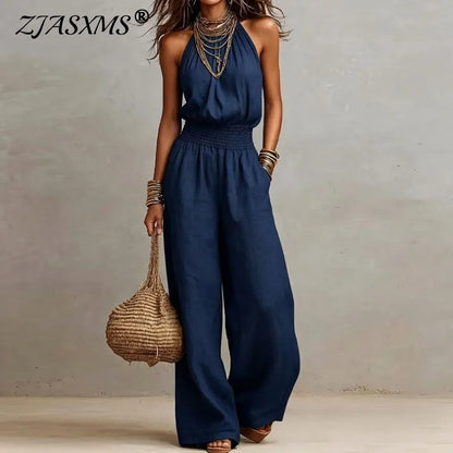 Women Elegant Chiffon Sleeveless Jumpsuit High Waist Pleated Flowy Wide Leg One Piece Overalls Holiday Casual Streetwear Rompers