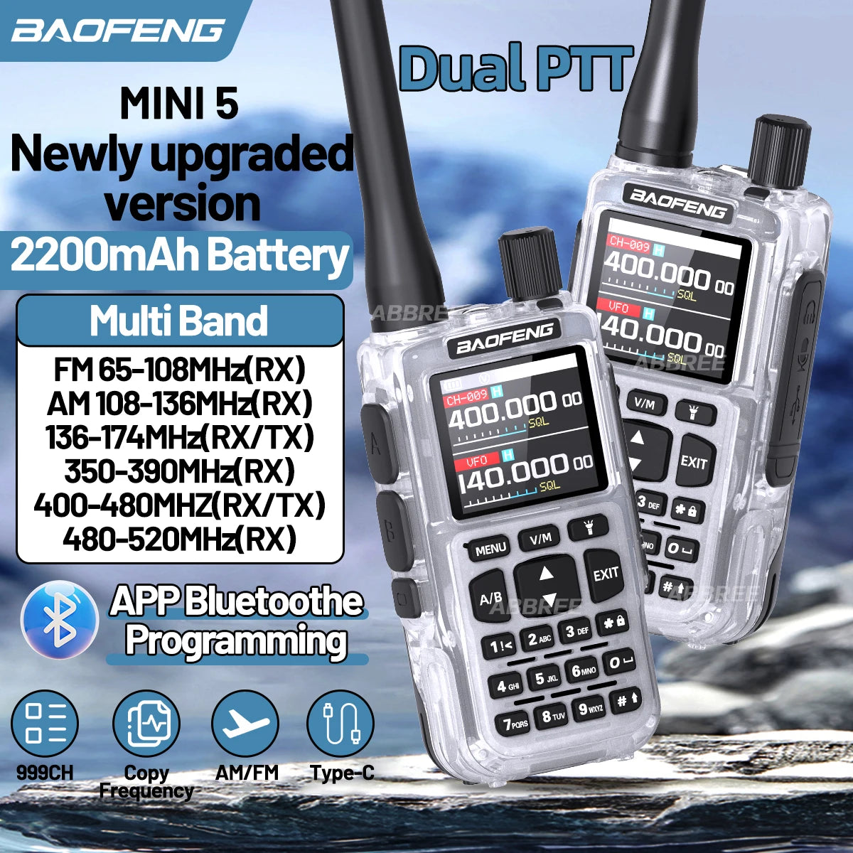 BAOFENG MINI 5 New Upgrade Walkie Talkie Wireless Copy Frequency 2200mAh Battery Bluetooth APP Programming UV-5R Mini Ham Radio