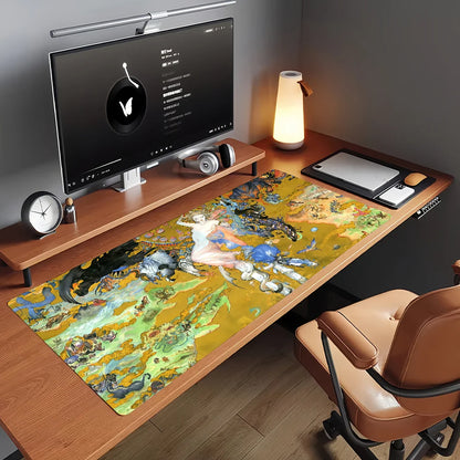 Gaming Mouse Pad, Large Desk Mat, Anti-slip Rubber Base, Stitched Edges, Golden Fantasy Art Print for Gaming & Office Desk Use
