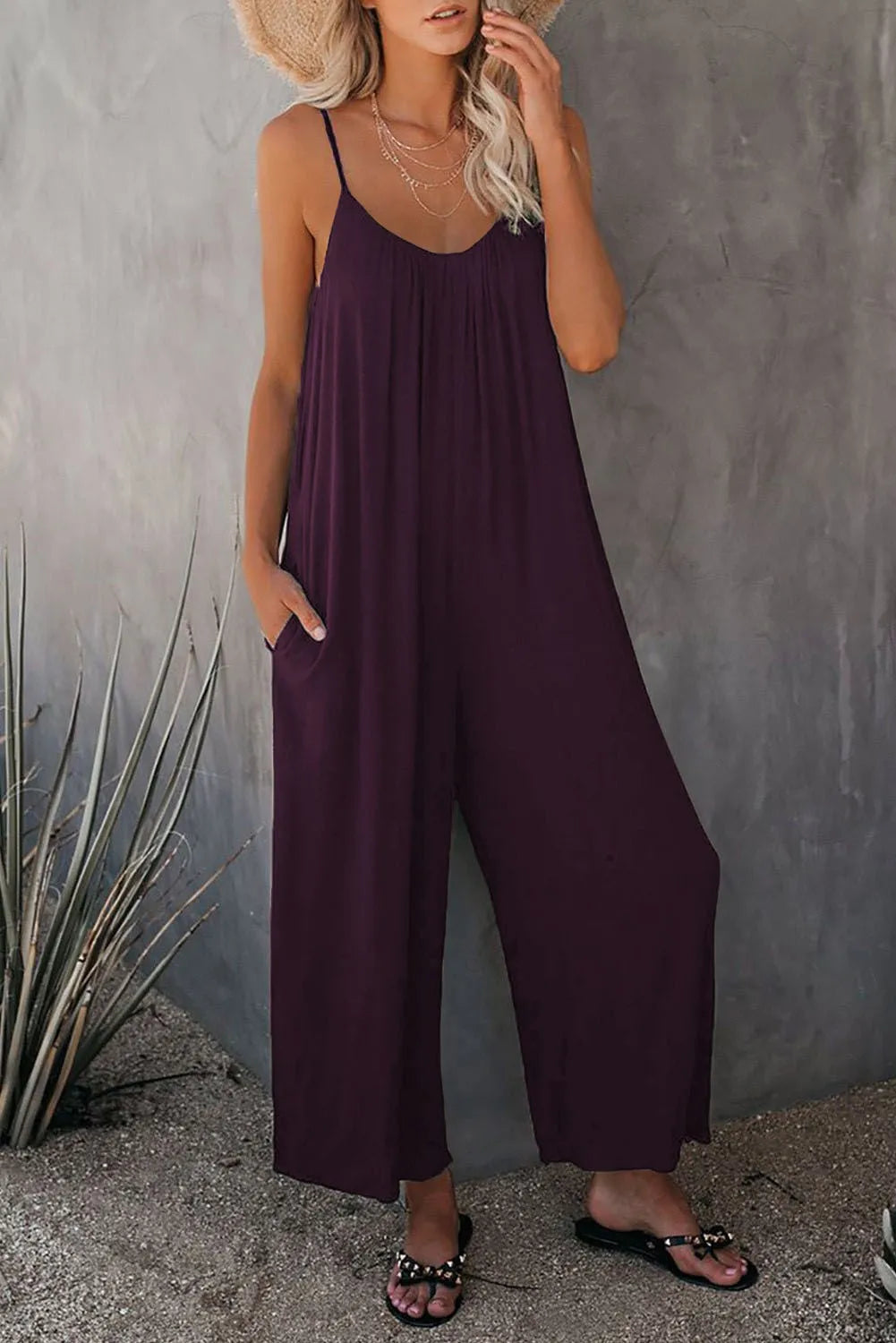 Strap jumpsuit for women's summer new cross-border solid color inserted bag casual jumpsuit