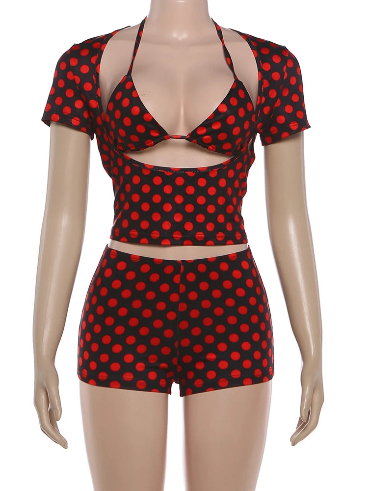 Sisterlinda Sexy Women Polka Dot Print 2 Piece Set Hollow Bandages Low-Neck Tank Top+Bike Short Street Party Vacation Suits