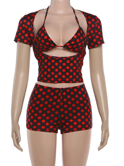 Sisterlinda Sexy Women Polka Dot Print 2 Piece Set Hollow Bandages Low-Neck Tank Top+Bike Short Street Party Vacation Suits