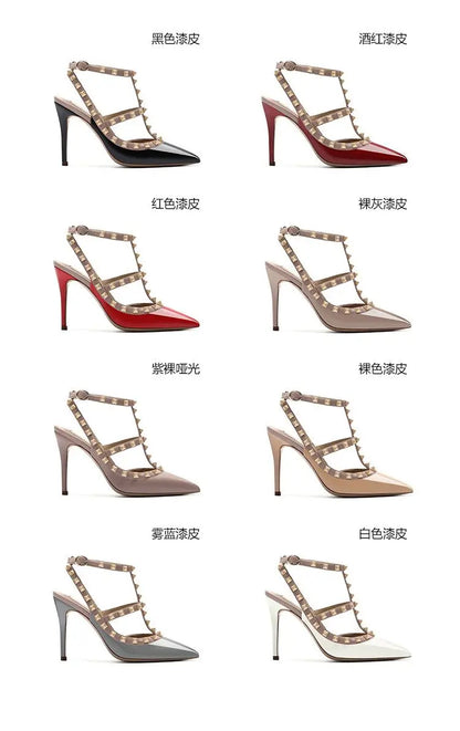 Women's Gladiator sandals Summer 2026 Luxury With Ankle Strap Pointed Toe Fashion Rivet High Heels Party Ladies Shoes Women 10cm