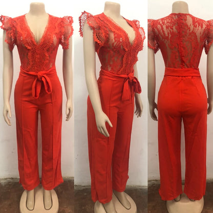 Women Outfits Elegant Luxury One Piece V Neck Romper Bandage High Waist Sexy See-Through Lace Patchwork Sleeveless Jumpsuits