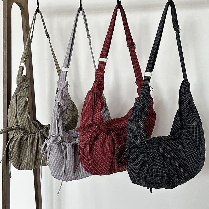 Retro Plaid Hobos Messenger Bags for Women Drawstring Pocket Nylon Dumpling Bag Large Capacity Portable Travel Shoulder Bags
