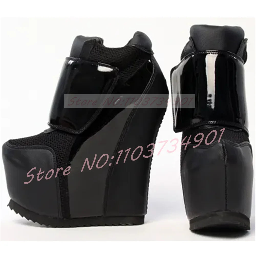 Gold Patchwork Platform Boots Women Round Toe Wedge Ankle Boots Ladies Hook Loop Closure Sneaker Heel Footwear