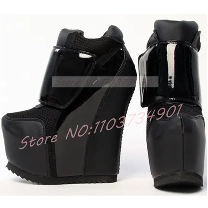 Gold Patchwork Platform Boots Women Round Toe Wedge Ankle Boots Ladies Hook Loop Closure Sneaker Heel Footwear