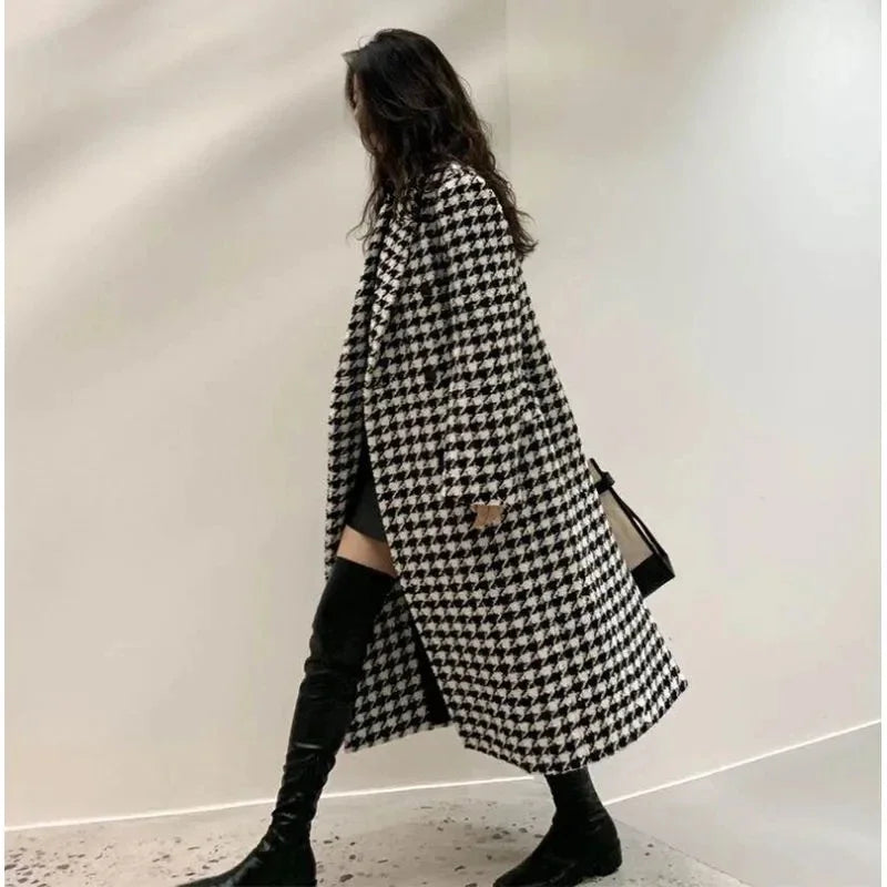 Women Autumn Winter Woolen Coat 2025 New Women Double Breasted Coat Korean Houndstooth Mid-Length Woolen Coat Lady Winter Jacket