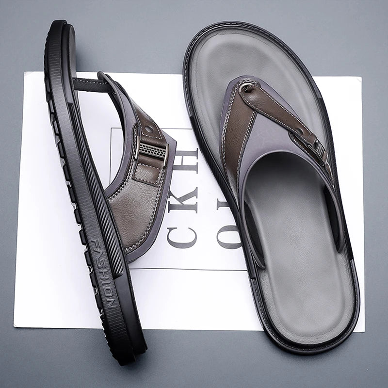New Trend Men's Flip Flops Leather Beach Sandals Quick Dry Water Shoes Non Slip Summer Slippers Outdoor Slides Walking Sandalias