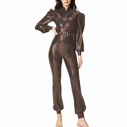 Plus Size Fashionable PVC Patent Leather Jumpsuit for Women Latex-look Clubwear Stand Collar Belt Puff Long Sleeve Slim Rompers