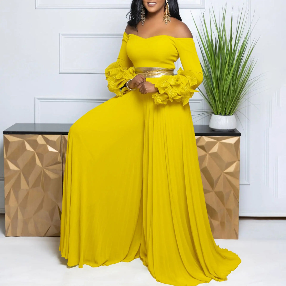 CM.YAYA Women Long Ruffles Sleeve Pleated Slash Neck Wide Leg Long Jumpsuits Party Beach Belt Street Sexy Africa Outfit Rompers