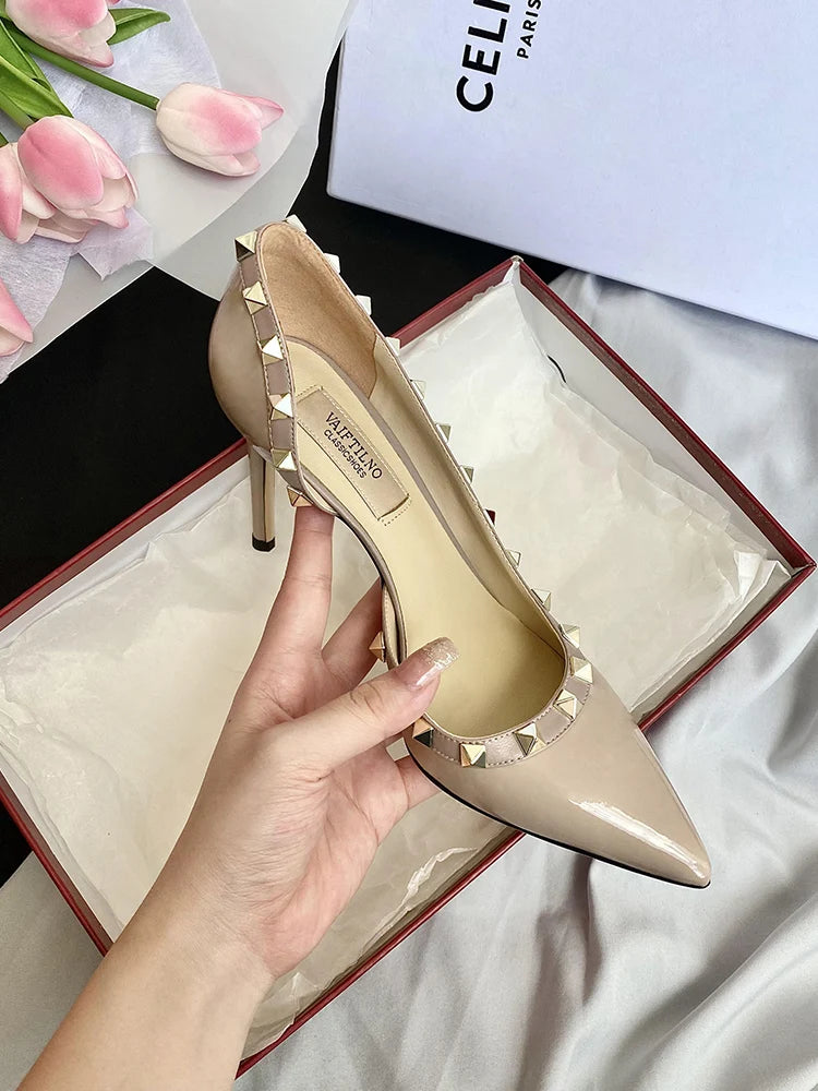Luxury Brand Women's Shoes Woman Sandals Summer Rivets High Heels Side Empty Female Leather Fashion Prom Ladies Shoes Women 2026