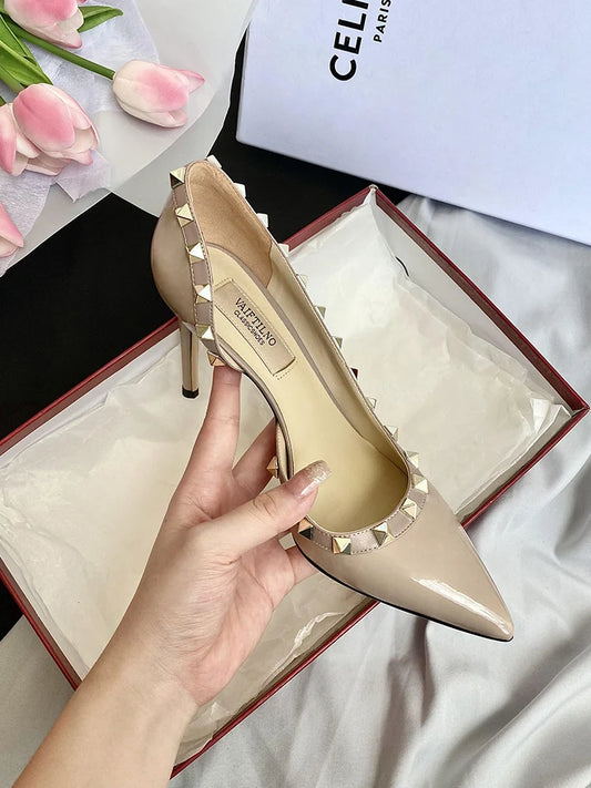 Luxury Brand Women's Shoes Woman Sandals Summer Rivets High Heels Side Empty Female Leather Fashion Prom Ladies Shoes Women 2026