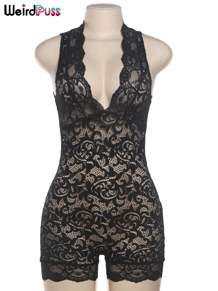 Weird Puss Sexy See-Through Rompers Woman Summer Lace V-Neck Thin Solid Sleeveless Low-Neck Stretch Peach Hip Skinny Playsuit