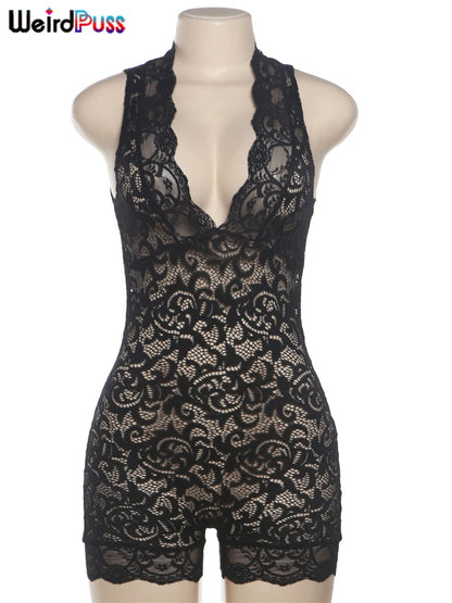 Weird Puss Sexy See-Through Rompers Woman Summer Lace V-Neck Thin Solid Sleeveless Low-Neck Stretch Peach Hip Skinny Playsuit
