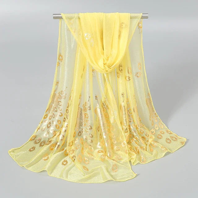 Women Glitter Thin Muffler Solid Color  Elegant Hijab Scarf Chiffon Long Scarves Gold Peacock Print Wrap Shawl Georgette Scarf