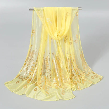 Women Glitter Thin Muffler Solid Color  Elegant Hijab Scarf Chiffon Long Scarves Gold Peacock Print Wrap Shawl Georgette Scarf
