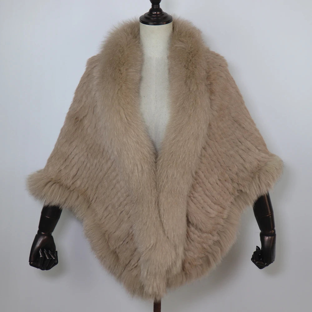 Women 100% Real Rabbit Fur Shawl Scarf With Fox Fur Collar Winter Warm Knitted Rabbit Fur Poncho Girls Party Fashion Accessories