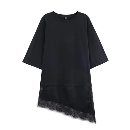 Women's Spring Summer Asymmetric Lace Trim Half Sleeve T-Shirt Back to School Casual Daily Wear Fashion Versatile Top 4 Colors
