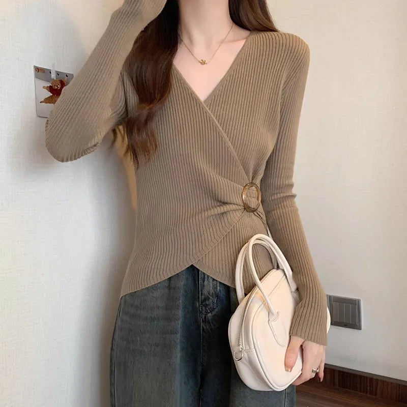 Women Wrap V Neck Ribbed Knit Top Metal Ring Buckle Flare Long Sleeve Slim Sweater