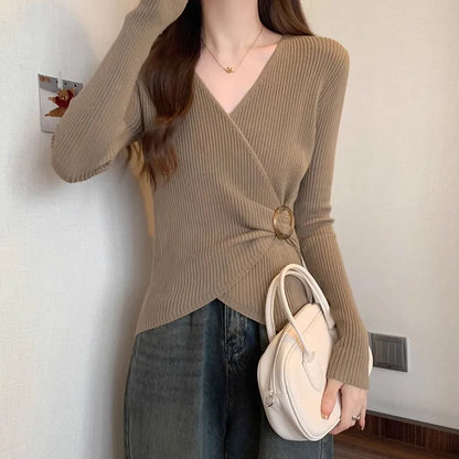 Women Wrap V Neck Ribbed Knit Top Metal Ring Buckle Flare Long Sleeve Slim Sweater