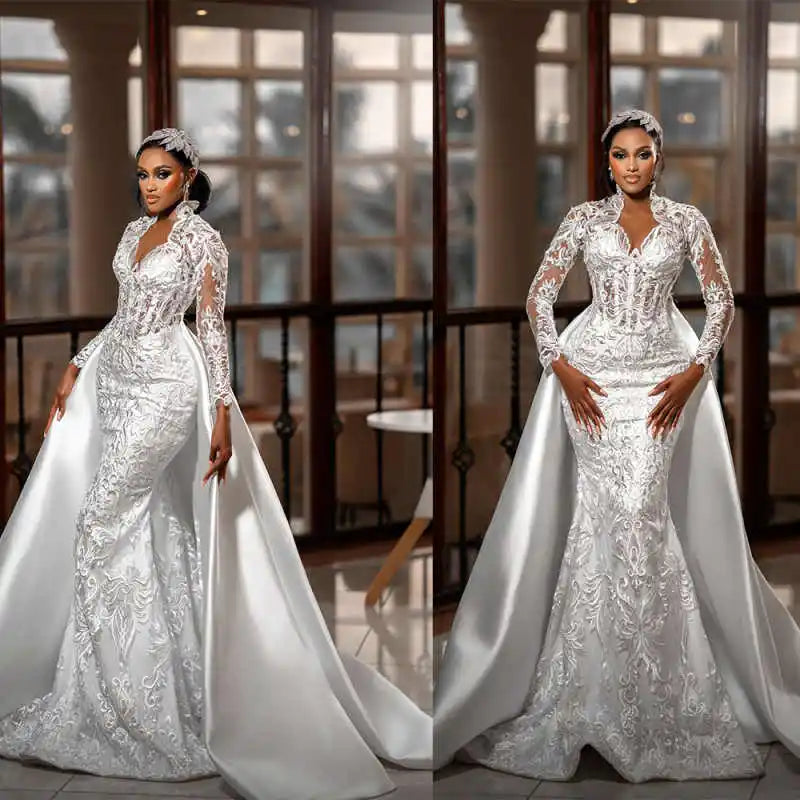 African Mermaid Wedding Dress With Detachable Train V Neck Long Sleeve Appliques Lace Bridal Gowns Plus Size Black Customized