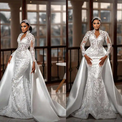 African Mermaid Wedding Dress With Detachable Train V Neck Long Sleeve Appliques Lace Bridal Gowns Plus Size Black Customized