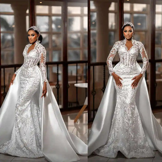 African Mermaid Wedding Dress With Detachable Train V Neck Long Sleeve Appliques Lace Bridal Gowns Plus Size Black Customized