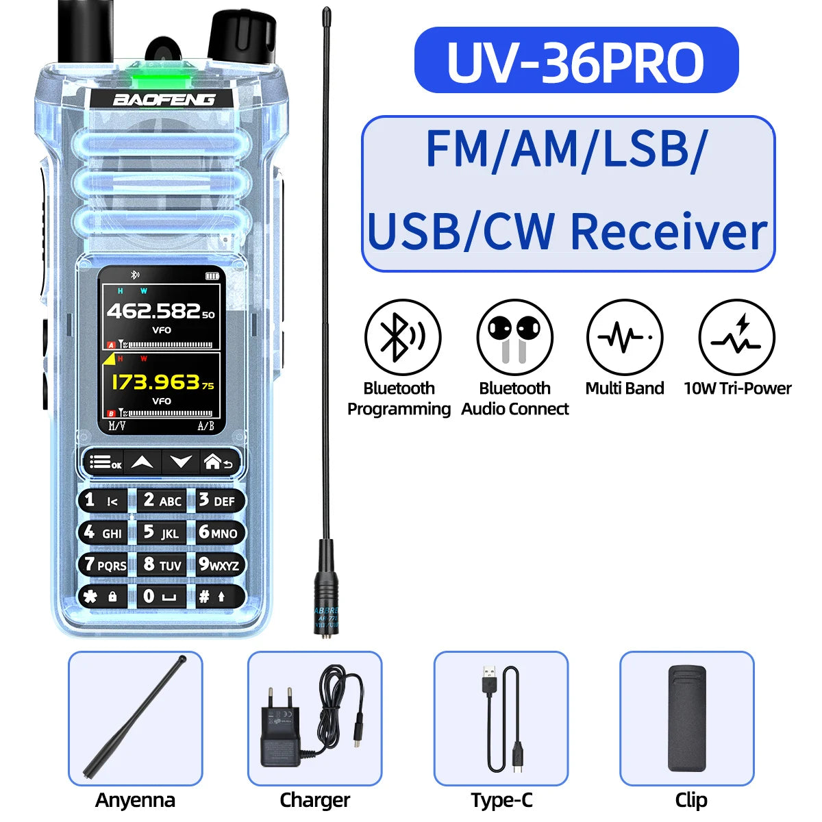 BAOFENG UV‑36 PRO Walkie Talkie 10W High Power Dual Mode Bluetooth Programming Shortwave Receive Two Way Radio FM Handheld Radio