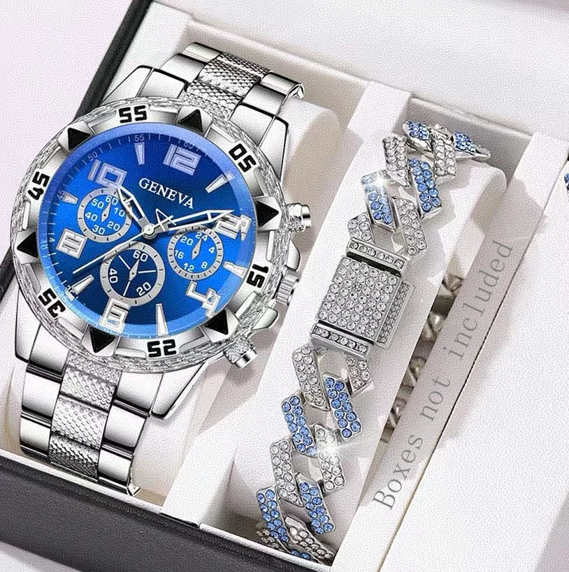 Geneva Three Eyes Blue Plate Men's Steel Belt Watch Blue and White Full Diamond Cuban Bracelet Two Piece Set,
