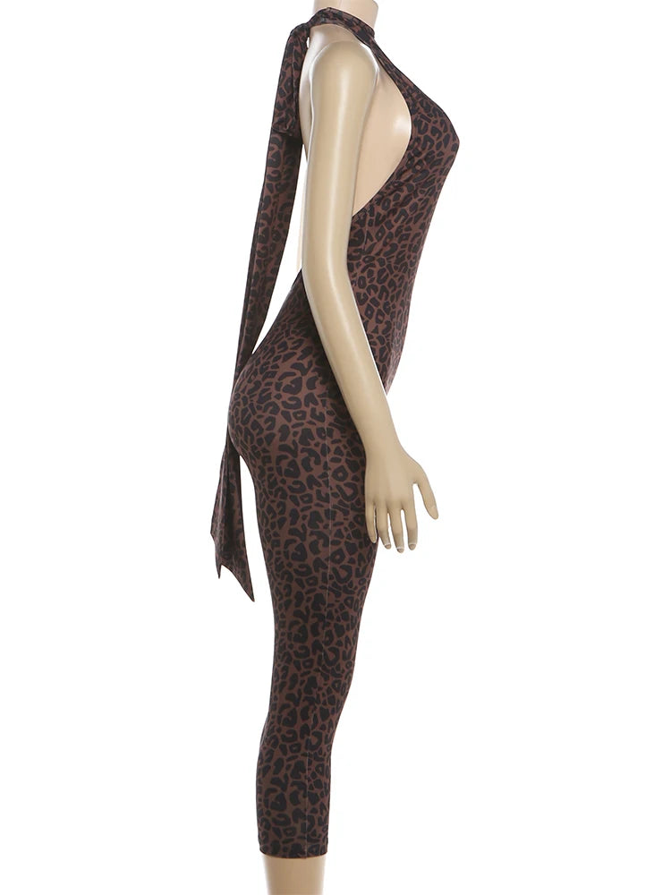 Weird Puss Sexy Leopard Print Romper Women Hottie Trend Halter Backless Bandages Sleeveless Fashion Midnight Street Playsuits