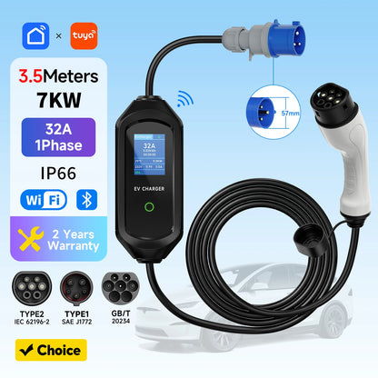 7KW Portable EV Charger Type2/Type1/GBT Electric Car Charger 32A 1Phase Wallbox Fast Charging Cable WiFi APP Bluetooth Control
