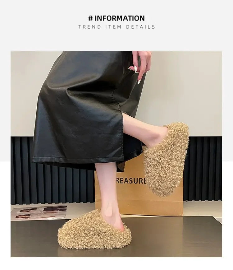 Thick Heel Luxury Lambwool Mules  Winter Shoes Woman Flip Flops Flat Cover Toe Slides Ins Warm Curly Lamb Fur Slippers Women