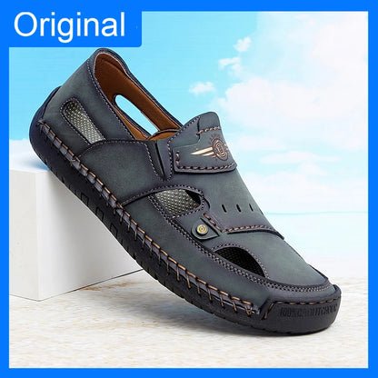 Mens Walking Shoes Summer Breathable Leather Hand Sewn Minimalist Baotou Flat Shoes Soft Elastic Daily Casual Male Sandalia