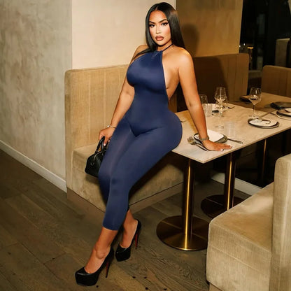 FAGADOER Sexy Solid Color Bodycon Jumpsuits Women Halter Sleeveless Backless Elasticity Romper Female Streetwear Overalls 2026