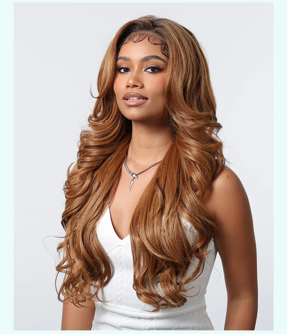 13*6 Lace Front Synthetic Wigs for Black Women Brown Copper 26 Inches Long Wavy Curly Wigs With Baby Hair Natural Hairline Wigs