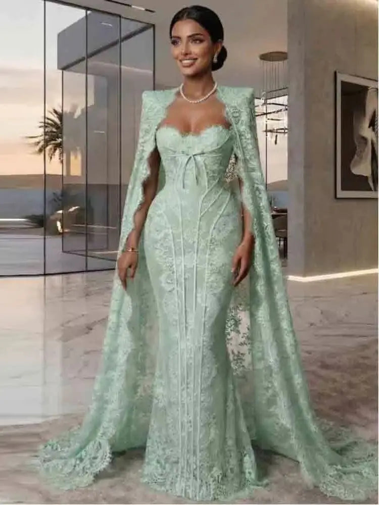 Customized Lace Mermaid Evening Dress with Cape Sweetheart Neckline Corset Formal Gown Dubai Wedding Guest Attire