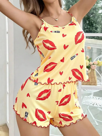 Women's Lip Print Camiso Shorts Pajama Set Summer Sexy Tank Top 2 Piece Set Lounge Wear Female Soft Breathe Sleepwear