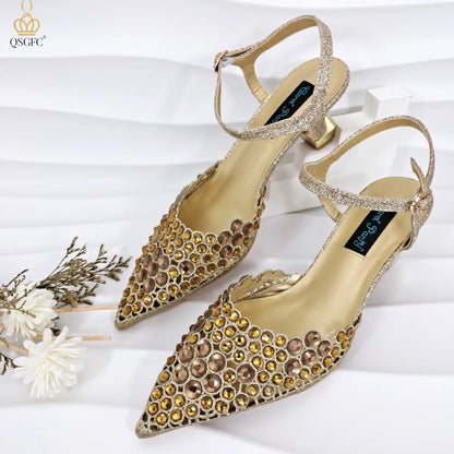 Party Style African Women's Shoes Bags Rhinestone Embellished Pointed Toe Cutout Heels Square Clutch Bag