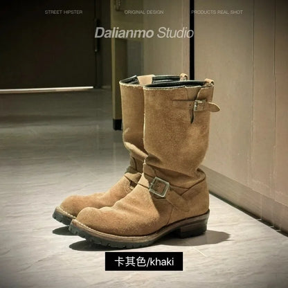 Leather Motorcycle Boots Men Women Engineer Shoes American Retro Khaki Suede Mid Calf motorcycle boots men motorcycle boots