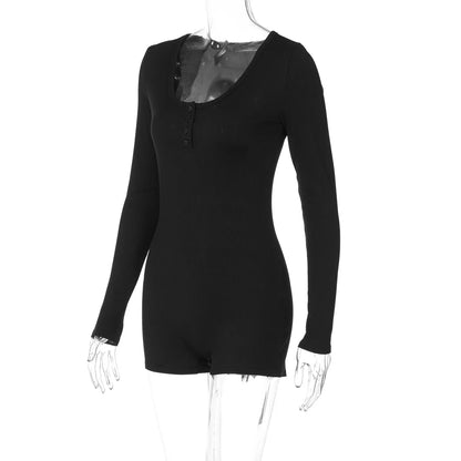 Hugcitar Spring Ribbed Solid Square Collar Long Sleeve Buttons Sexy Bodycon Skinny Playsuit Women Casual Romper Streetwear Sport