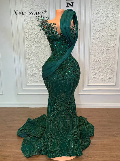 High Fashion Emerald Green Long Prom Dresses 3D Pleated Crystals Beaded Mermaid Wedding Evening Party Gowns Plus Size Customized