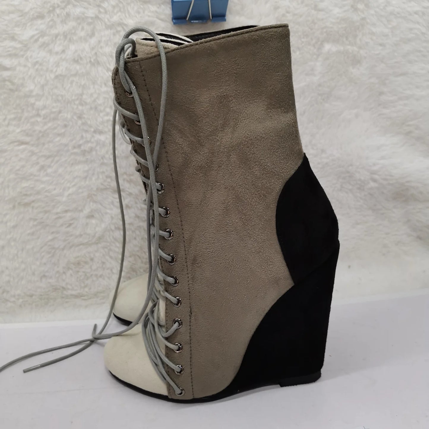 Patchwork Wedge Platform Ankle Boots Women Fashion Round Toe Front Lace Up Shoes Ladies Punk Chic Zipper Suede Cross Tied Boots