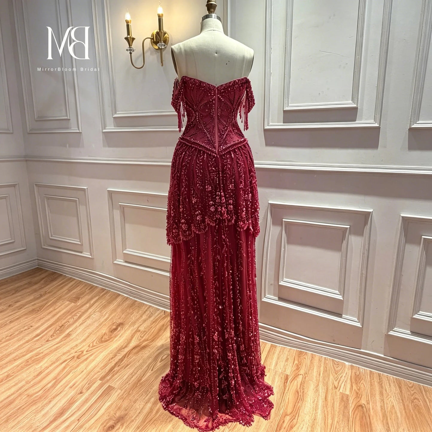Red Off-the-Shoulder Strapless Sleeveless Floor-Length Formal Ball Gown Beadwork Embroidery Glowing Women's  Occasion Dress