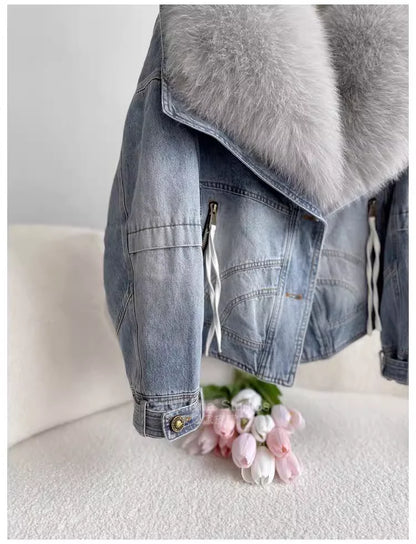 Winter Thickened Short Denim Jacket Fashion  Parkas Jeans Jacket Luxury Fur Coat Removable Fur Collar Cotton Jacket New